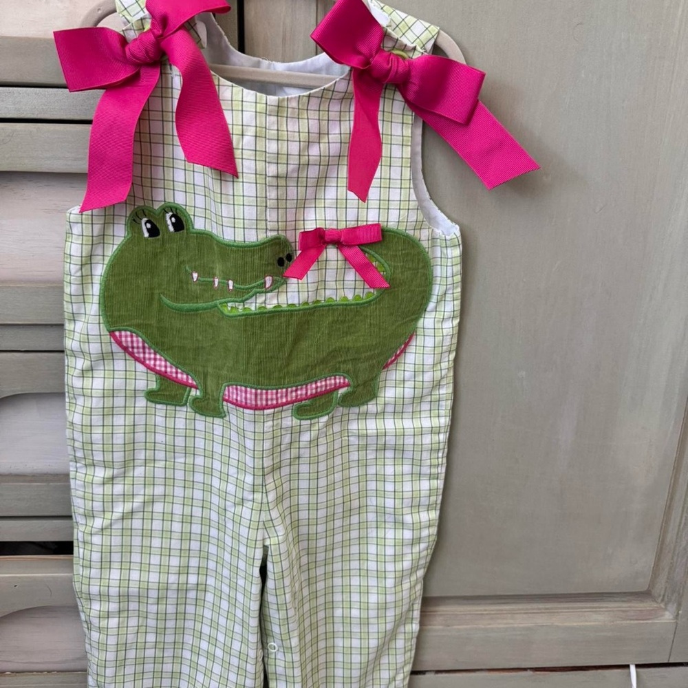 Green Plaid Alligator Romper with Pink Bows